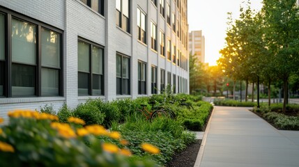 Fototapeta premium A serene urban scene featuring a pathway lined with flowers and greenery, complemented by modern buildings and warm sunset lighting.