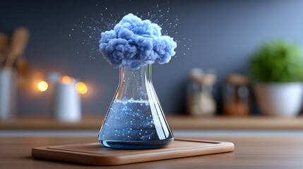 Erlenmeyer Flask with Blue Liquid and Cloud on Wooden Board