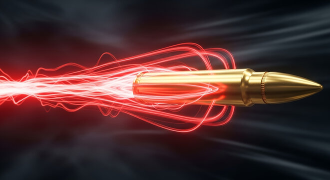 Golden bullet flying with glowing red energy effect - Powered by Adobe