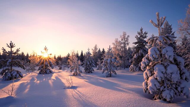 Golden winter solstice sunrise illuminates a frosty forest marking the shortest day longest night and ancient pagan celebrations