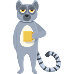 Gray Lemur Cartoon Character Holding a Yellow Mug With Blue Eyes and Striped Tail Against a Transparent Background