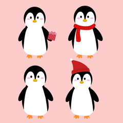 Cute cartoon penguin set illustration for a happy Christmas holiday card