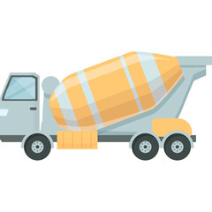 Gray cement mixer truck with orange and white barrel on a transparent background for construction and building industry