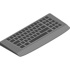 Gray computer keyboard with many buttons and dark gray squares for keys angled view on a white background.