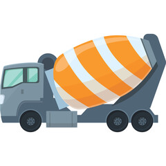 Gray Cement Mixer Truck With Orange And White Drum On Transparent Background Detailed Industrial Vehicle Graphic