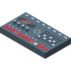 Gray electronic synthesizer mixer with red illuminated buttons and sliders in isometric perspective on a transparent background ideal for music production and audio technology concepts