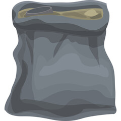Gray fabric sack filled with sand and a scoop inside on a transparent background a simple graphic illustration of a sack for carrying goods or materials