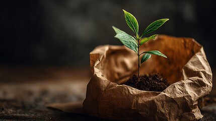 Young Plant Growing in a Crumpled Brown Paper Bag, Dark Background
