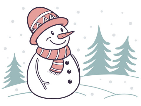 Snowman with Red Scarf Standing in Snowy Forest Cute Christmas Winter Illustration