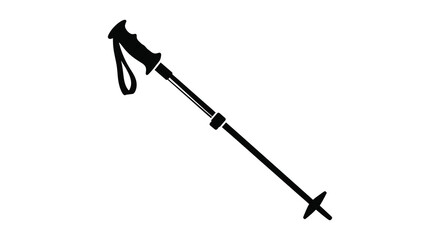 A black silhouette of a single adjustable trekking pole with a strap and basket on a white background