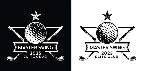 Master swing 2025 elite club logo with golf ball and clubs, presented in black and white