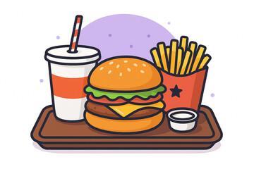 Cartoon illustration of a classic fast food meal combo with a double cheeseburger, french fries, soda, and dipping sauce on a tray.
