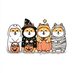 Obraz premium Spooky Canine Crew: Adorable Shiba Inu puppies in charming Halloween costumes. Captured in an illustration that captures the fun and spirit of Halloween.