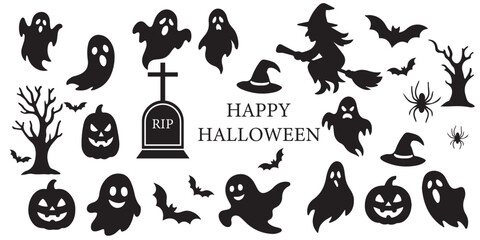 Halloween haunted house silhouette with bats and pumpkins. A big bundle of halloween haunted house silhouette set. vector illustration perfect for halloween project.Collection of halloween bats Eps 10