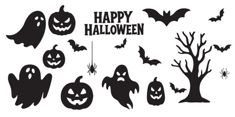 Fototapeta premium set of objects silhouettes for halloween elements. Demon silhouette sets. set of halloween icon silhouette vector Halloween doodles black and white drawing set. Set of halloween icon silhouette. EPS10