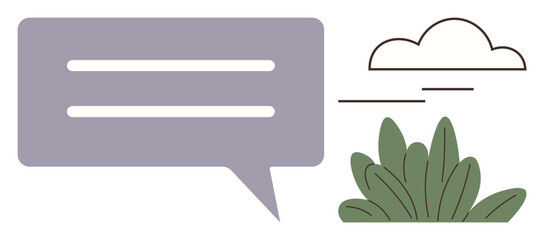 Purple speech bubble with two lines beside greenery and cloud. Ideal for conversation, communication, environment, messaging, modern design, ecology, clarity. Simple flat metaphor