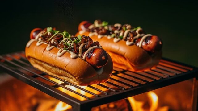 Gourmet hot dogs grilling outdoors