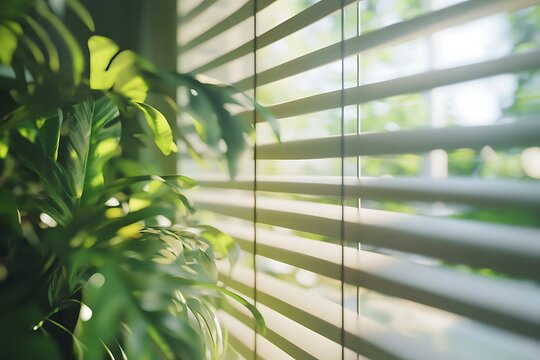 Bright green monstera plant thrives indoors next to a sunlit window with horizontal blinds - Powered by Adobe