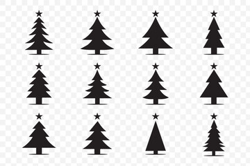 Obraz premium Christmas tree icon. Set of black christmas tree icons on white background. Vector illustration. Holiday icons
