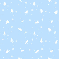 A seamless vector pattern with falling white snowflakes and stylized Christmas tree shapes on a light blue background. This design is perfect for winter holiday themes, wrapping paper or fabric print.