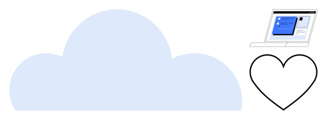 Blue cloud, open laptop screen showing content, and a simple heart shape. Ideal for cloud computing, data storage, technology, connectivity, networking security user satisfaction. Simple flat