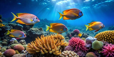 Naklejka premium Vibrant Reef Scene Featuring Colorful Fish and Coral Formations in Underwater Paradise