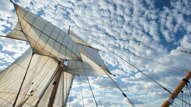 Vintage tall ship sail, mast, rigging, rope, canvas against blue sky and cloud graceful sailboat sailing with billowing canvas, dynamic rigging lines