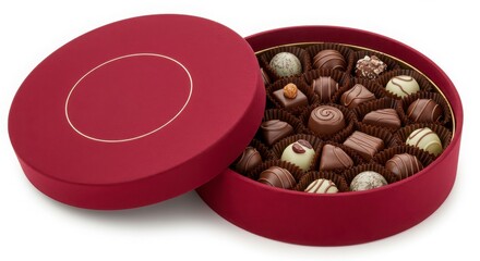 gourmet chocolate bonbons in circular box with velvet tray and branding spot isolated on a white surface for dessert or pastry packgaing presentation