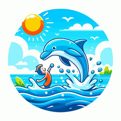 Cartoon illustration of a boy playing with dolphins on the beach