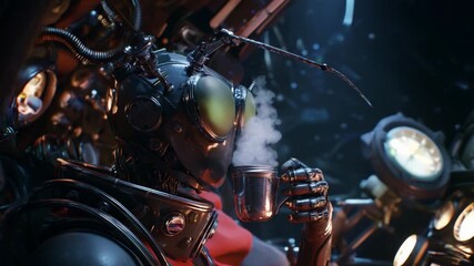 A futuristic robot innovatively sipping coffee from a metallic cup, showcasing intricate mechanical design and sci-fi elements, surrounded by detailed instruments and glowing lights.
