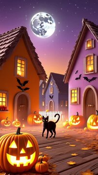 cozy Halloween street scene with glowing pumpkins colorful houses bats a full moon and a black cat under a starry sky