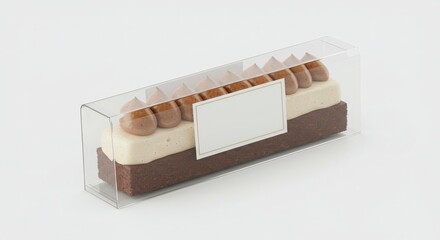 Isolated premium dessert bar in transparent acrylic sleeve with foil label zone on a white background for dessert and pastry photography