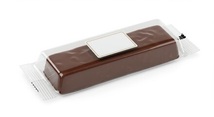 Isolated premium dessert bar in transparent acrylic sleeve with foil label zone on a white background for dessert and pastry photography