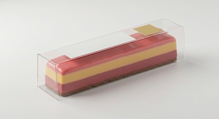 Isolated premium dessert bar in transparent acrylic sleeve with foil label zone on a white background for dessert and pastry photography