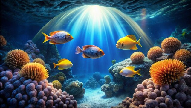 Radiant sunlight illuminates a vibrant underwater scene, showcasing a school of colorful fish gracefully swimming amidst a profusion of diverse coral formations.