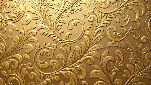 Luxurious golden floral wallpaper with intricate swirls and leaves creating a rich and opulent texture, ideal for adding a touch of elegance and sophistication to any design or background