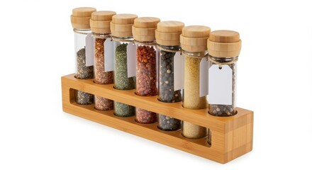 gourmet spice tube set in bamboo rack with blank logo tag isolated on white background for home storage solutions decoration purposes