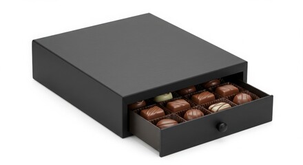 premium chocolate praline case in drawer-style box with branding space isolated on a white background for celebrations or gifting presentation