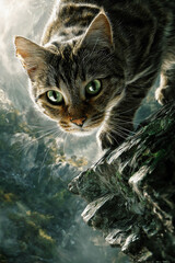 Curious tabby cat on a rocky cliff with dramatic lighting and misty forest background