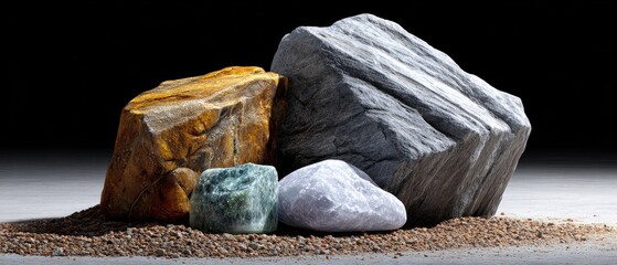 minerals rock background concept. Rocks of various sizes and textures arranged on a sandy surface against a dark background.