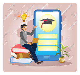 Mobile learning concept. Student Studying With Laptop Next To Large Smart phone.
