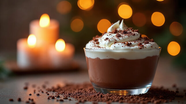 Cozy festive chocolate mousse dessert with sweet whipped cream and warm candlelight background for holiday season
