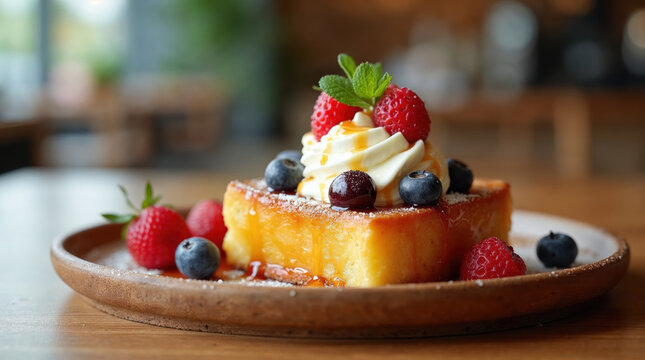 Delightful sweet dessert toast with fresh berry whipped cream and syrup. delicious gourmet breakfast on wooden plate