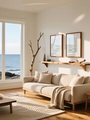 Fototapeta premium Two mockup poster frames above beige sofa in coastal minimalist living room with ocean view, natural light, and Scandinavian decor