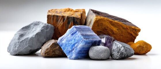 minerals rock background concept. Various colorful rocks and minerals arranged artfully on a surface.