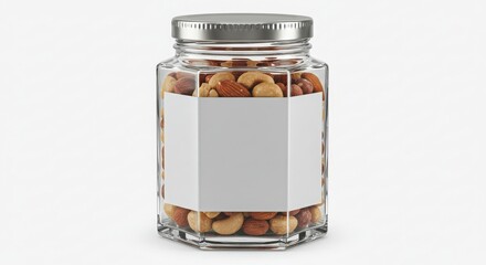 premium nut mix jar in hexagon crystal glass with blank label zone isolated on white background for culinary and health-related purposes