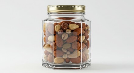 premium nut mix jar in hexagon crystal glass isolated on white background for culinary and health-related purposes