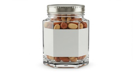 premium nut mix jar in hexagon crystal glass with blank label zone isolated on white background for culinary and health-related purposes