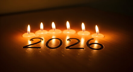 The concept of a hopeful new year 2026, illuminated by the warm, flickering glow of six elegant candles, symbolizing fresh starts and festive anticipation