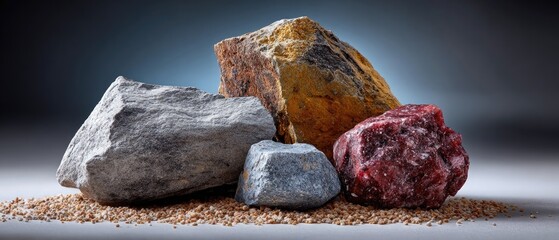 minerals rock background concept. Natural stones arranged artfully on a surface, highlighting their textures and colors.